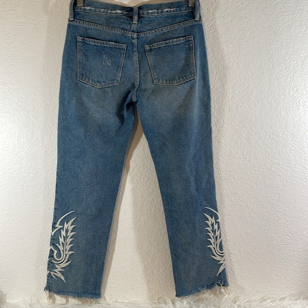All Saints Philly Embroidered Blue Denim Jeans Raw Hem Size W25 - Picture 6 of 12